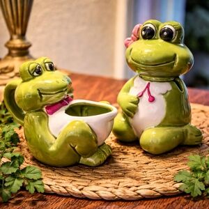 Vintage NC Cameron & Sons Frog Creamer & Sugar Bowl Set Green Ceramic Kitsch